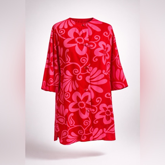 Liberty House Tops - Vintage Liberty House Waikiki Tunic, floral, pink/red, covered buttons, S, GUC